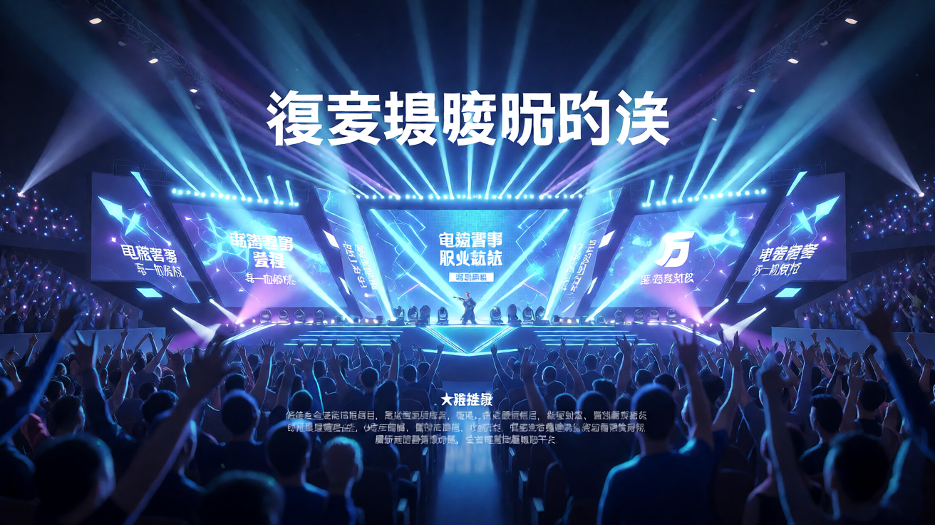 蜂鸟电竞大型赛事现场，舞台灯光璀璨，观众热情高涨